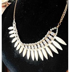 Boho Bib Cleopatra Necklace in Gold, Rhinestones, and Ivory Veined Spear Drops